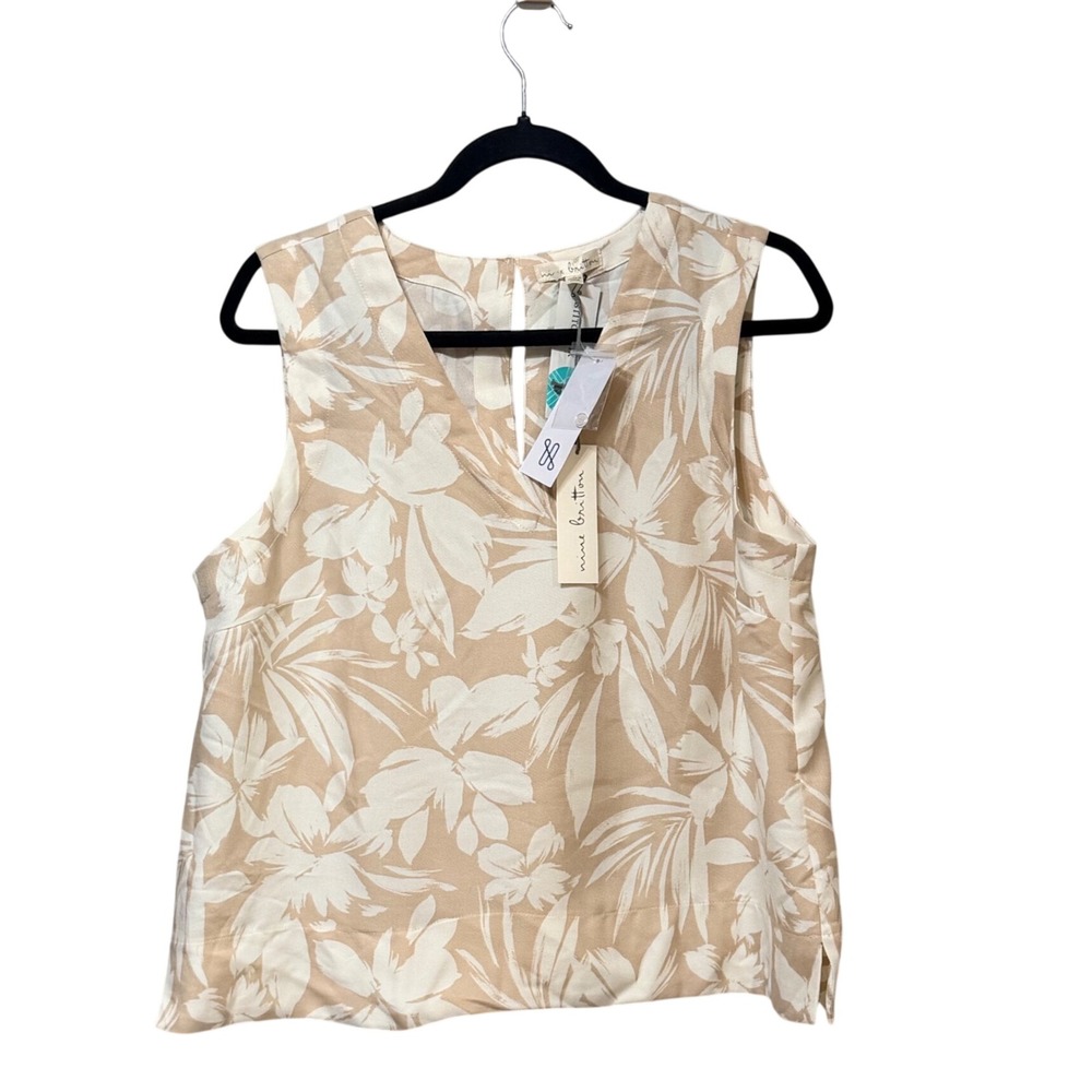Nine Britton Womens Tan Floral Sleeveless V-Neck Blouse Top Size L NWT